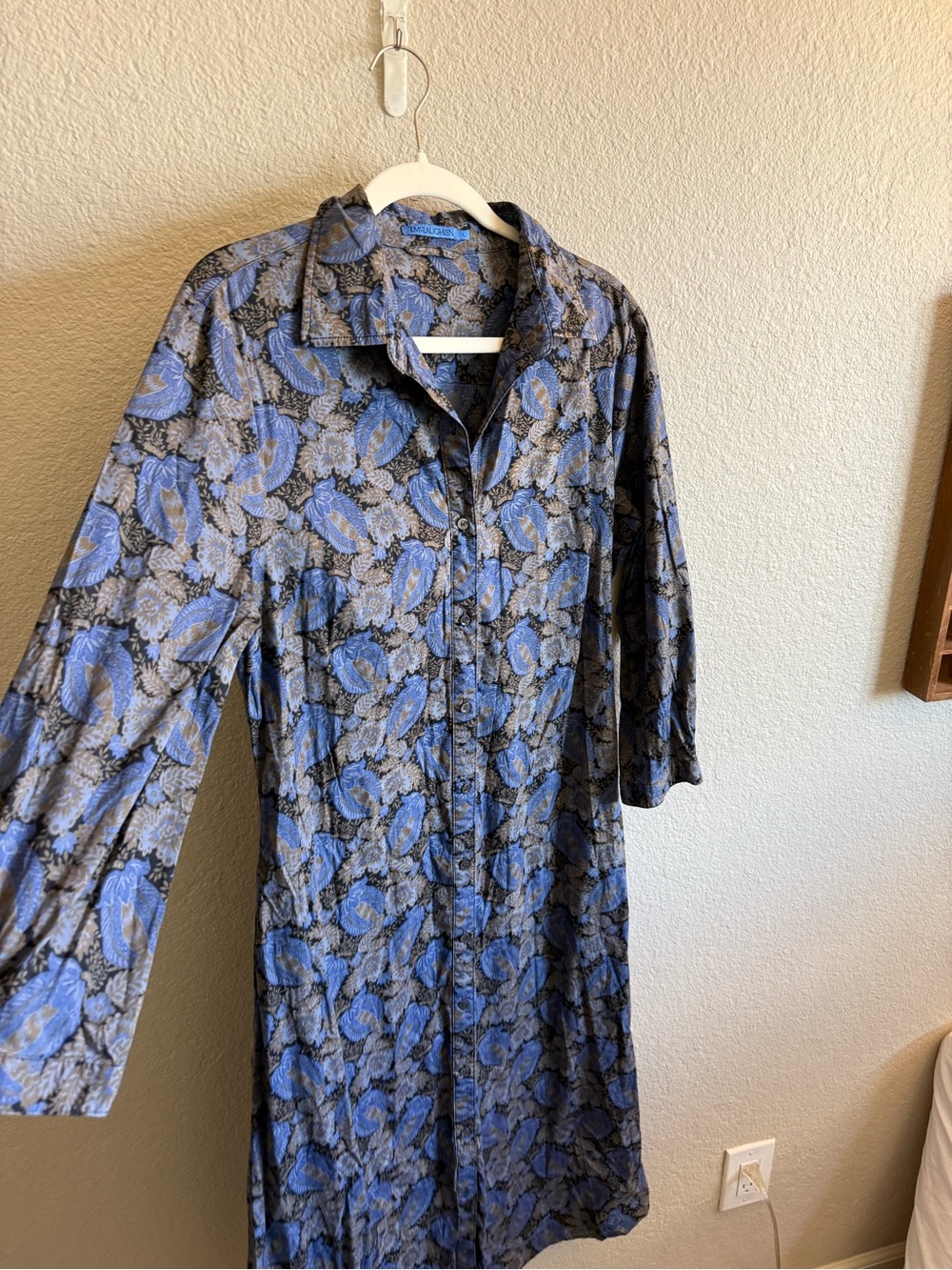 J. McLaughlin Cotton Blue Button Front Midi Shirt Dress Printed Block Print Sz L - Picture 5 of 9